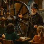 инженер ведёт урок о промышленной революции в музее