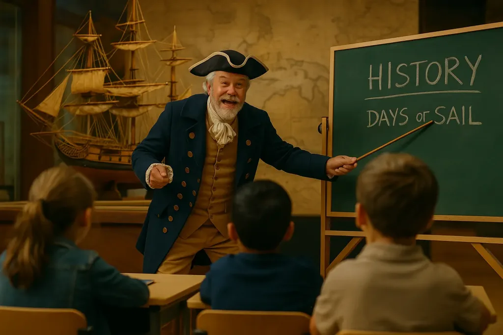 капитан парусника ведёт урок в музее морской истории