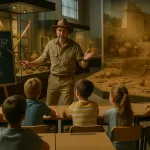 археолог объясняет историю в музее