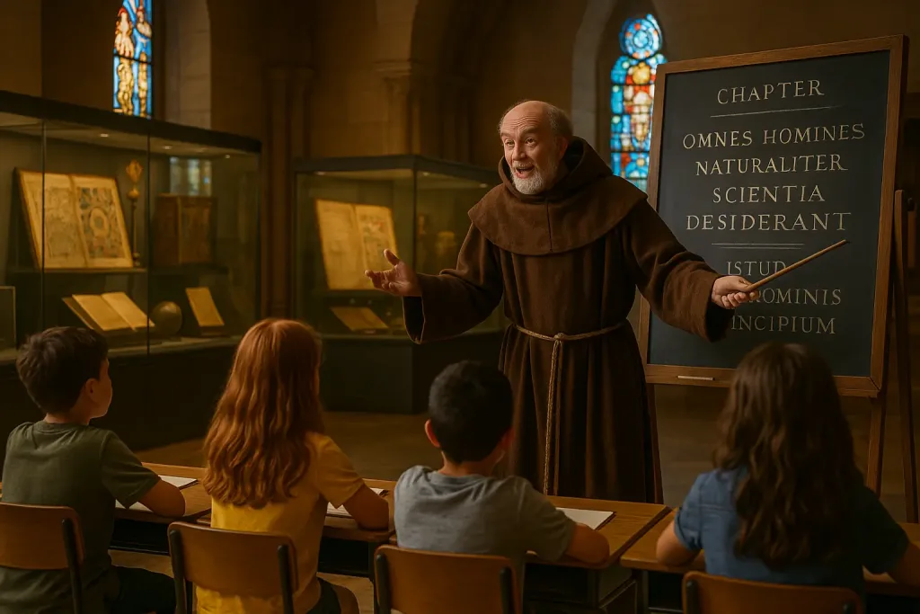 монах рассказывает об истории в музее