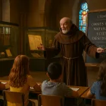 монах рассказывает об истории в музее