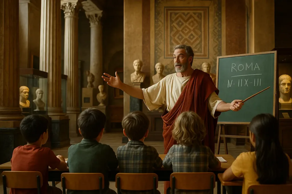 древнеримский сенатор проводит урок в музее истории