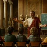 древнеримский сенатор проводит урок в музее истории